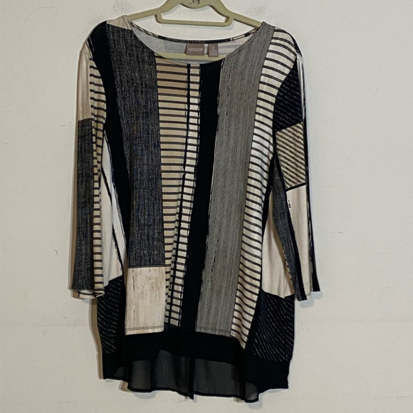 Chico’s Sz 2 (US M) Abstract Pattern Block 3/4 Sleeve Long Line Shirt Tunic - Picture 1 of 9